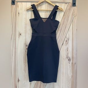 French Connection fitted black dress with mesh detail and exposed zipper